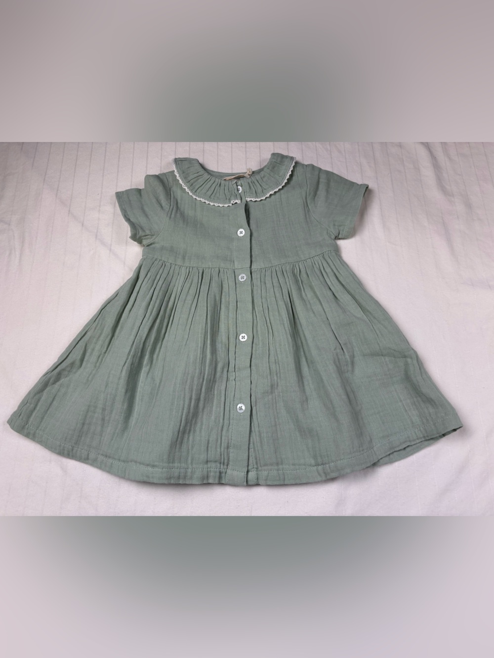 NWT Cyrillus 12 month baby girl Sage Green Button-Front Dress Peter Pan Collar